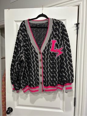Lovesick Black & Gray Cable Cardigan with Hot Pink Trim